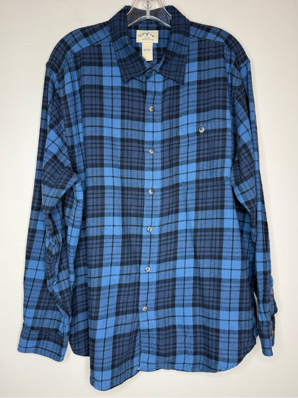 Blue Mountain Plaid Long-Sleeve Button-Down Shirt Cotton Flannel Size Large